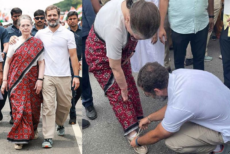 মায়ের জুতার ফিতা বেঁধে দিলেন রাহুল