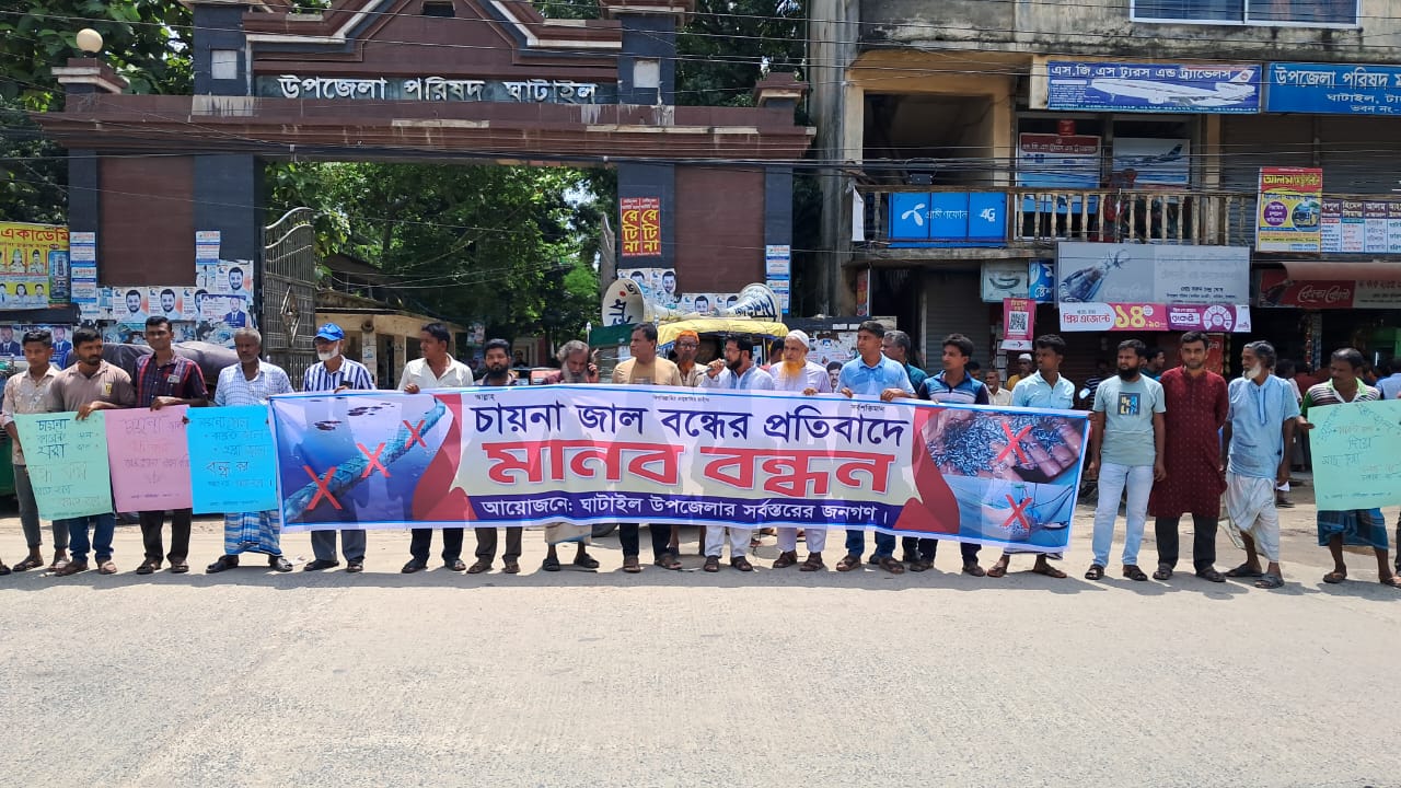 ঘাটাইলে চায়না জাল বন্ধে মানববন্ধন