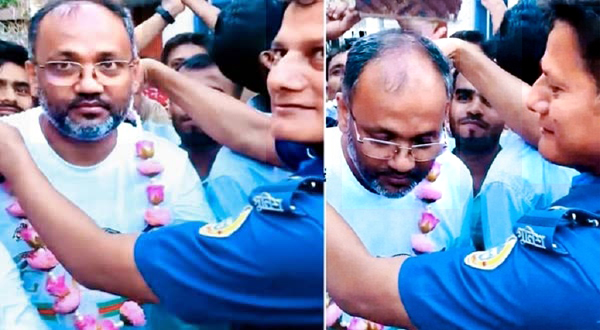 বিজয়ী চেয়ারম্যান প্রার্থীকে ফুল দিয়ে বরণ, এসআই প্রত্যাহার