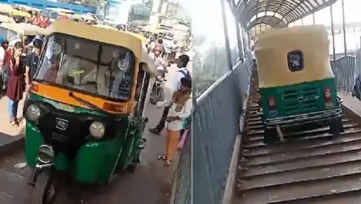 যানজট এড়াতে অটোরিকশা নিয়ে ফুটওভার ব্রিজে চালক!